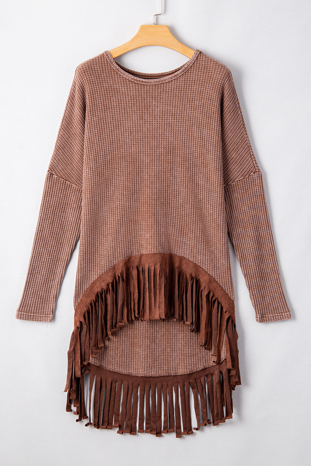 Chic coffee knit top with fringe