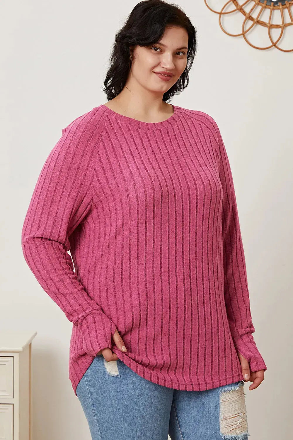 Basic Bae Full Size Ribbed Thumbhole Sleeve T-Shirt - Love Salve