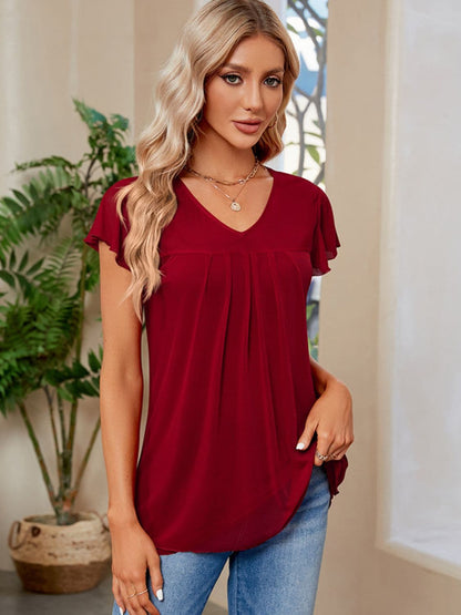 Ruched V-Neck Short Sleeve T-Shirt.