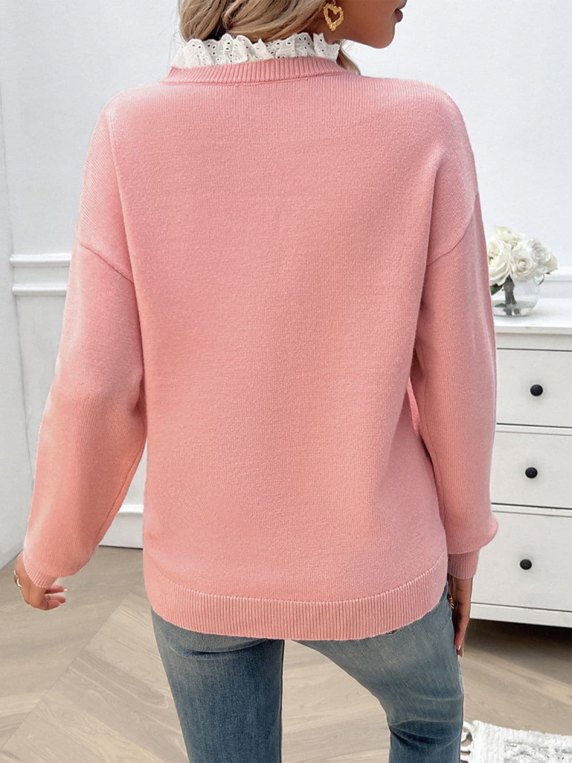 Lace Detail Notched Long Sleeve Sweater.