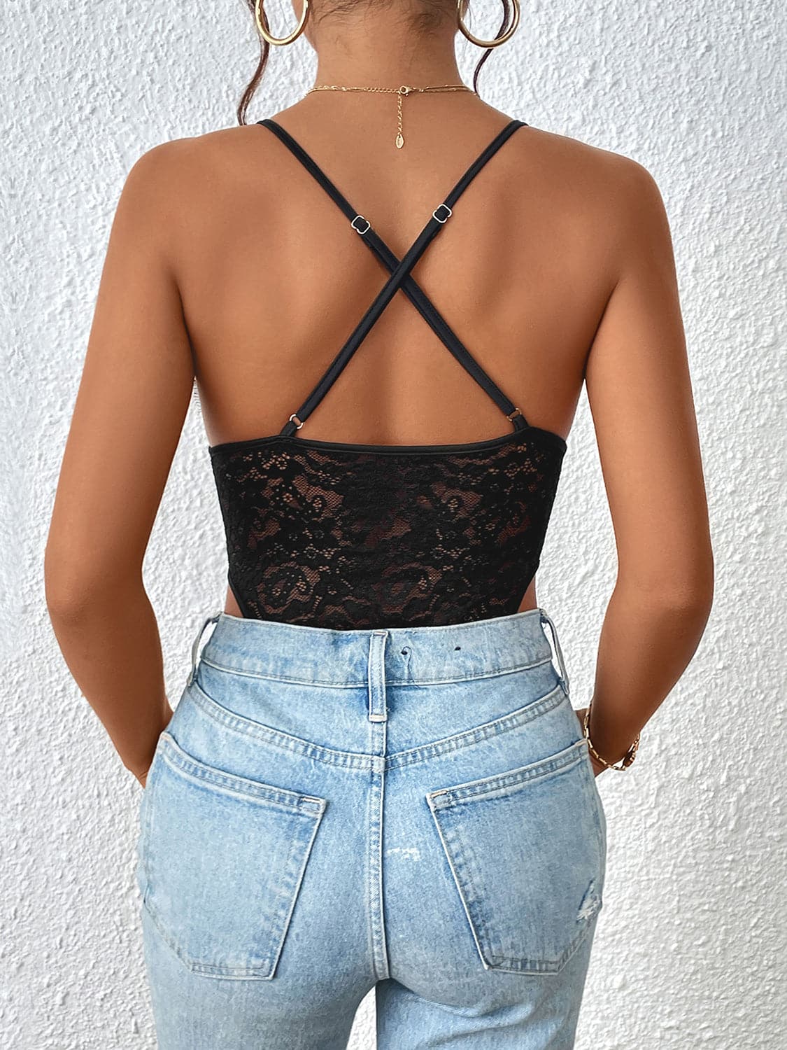 Crisscross Lace Spaghetti Strap Bodysuit.