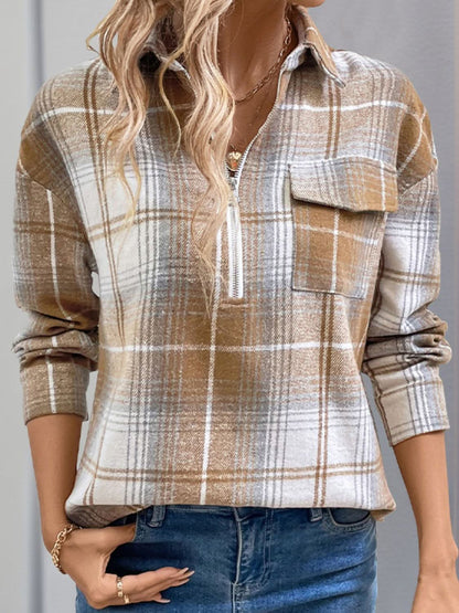 Plaid Half Zip Long Sleeve Top with Collared Neck and Pockets