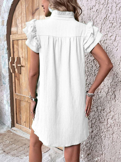 Ruffled Notched Cap Sleeve Mini Dress.