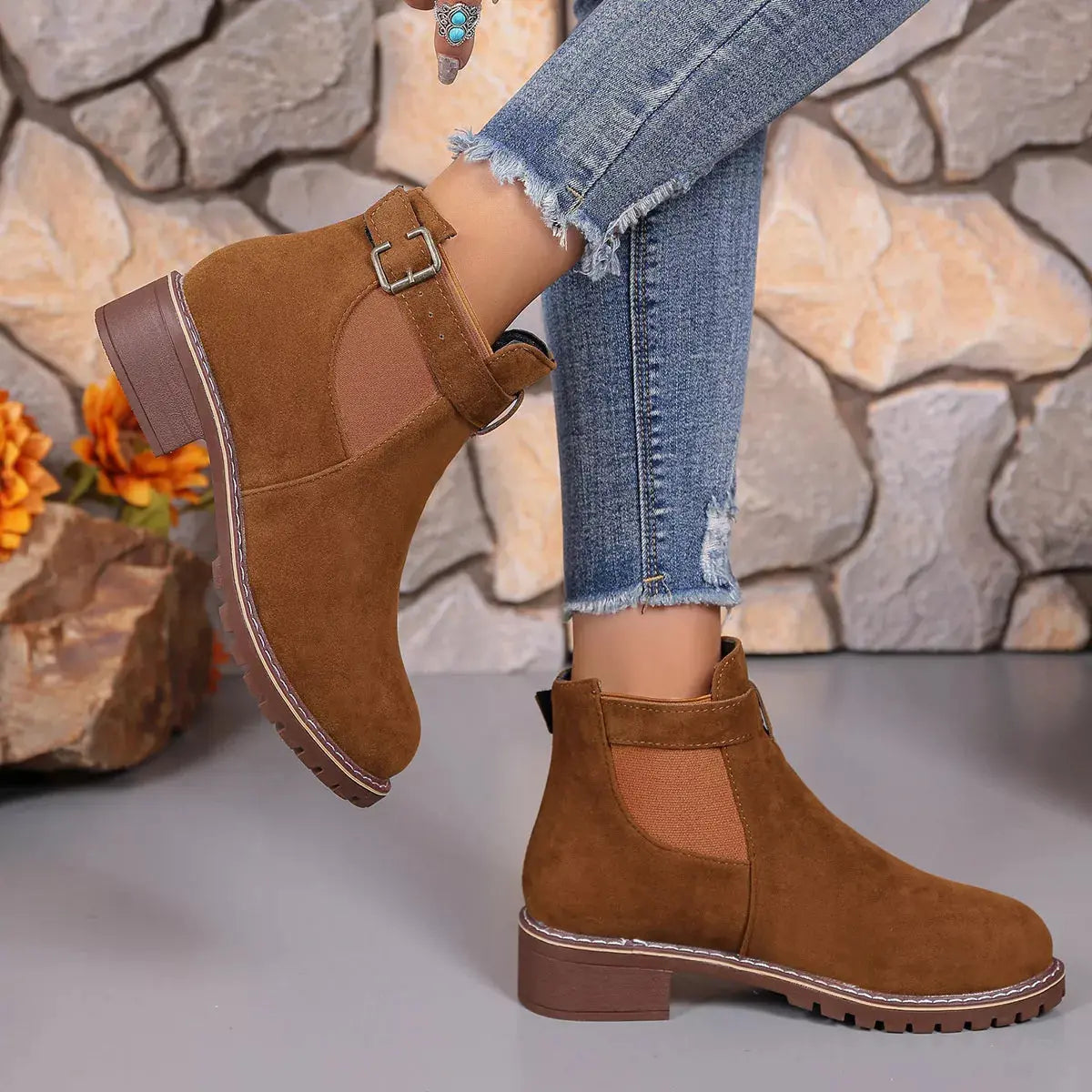 Women Round Toe Block Heel Ankle Boots Buckle Strap PU Leather Black Simply Love