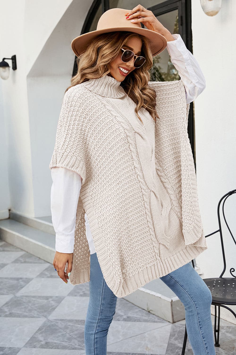 Cable-Knit Turtleneck Slit Sweater.