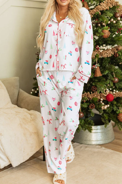 Festive Collared Neck Top and Pant Set for Cozy Lounging