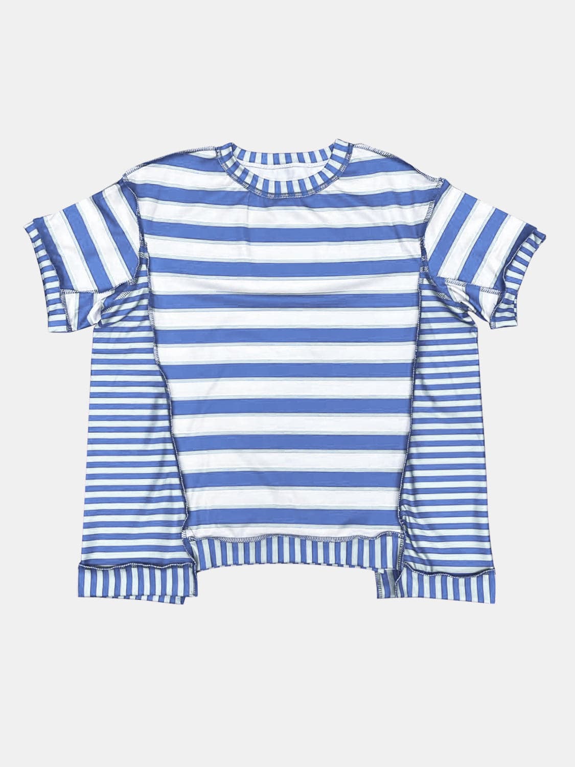 Full Size Contrast Stitching Striped Round Neck T-Shirt.