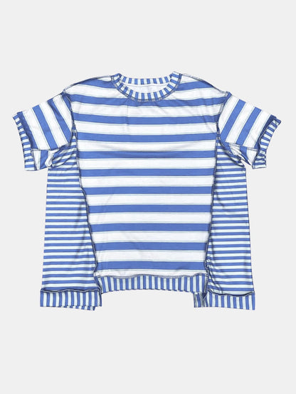 Full Size Contrast Stitching Striped Round Neck T-Shirt.