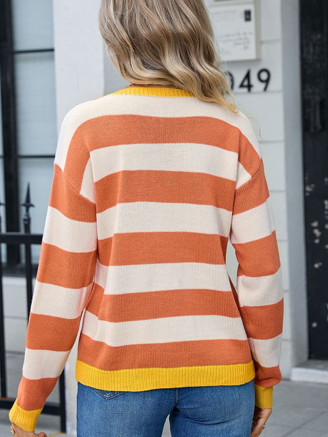 Striped Round Neck Dropped Shoulder Sweater.