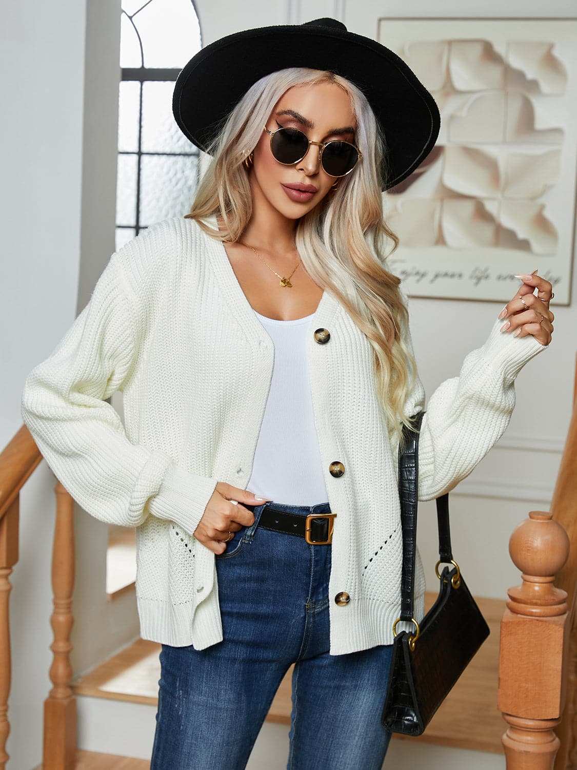 Button Up V-Neck Long Sleeve Cardigan.