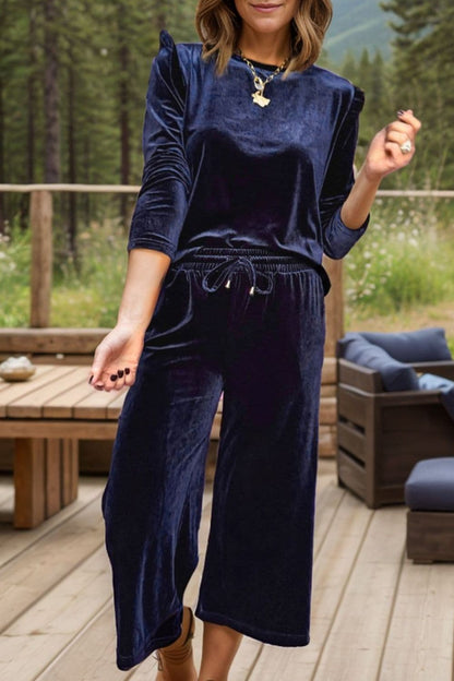 Velvet loungewear set with ruffled details and drawstring pants