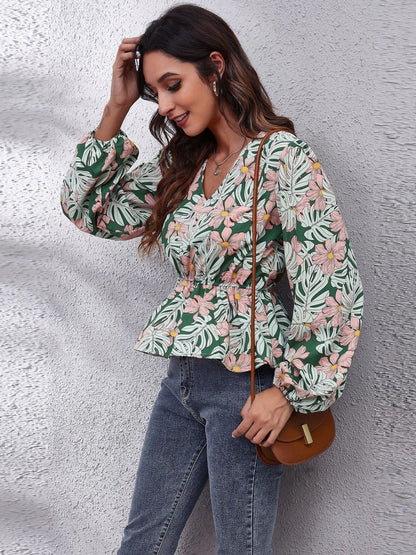 Ruched Printed V-Neck Long Sleeve Blouse.