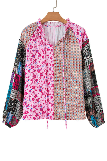 Premium Pink Boho Mixed Floral Drop Shoulder Bubble Sleeve Blouse