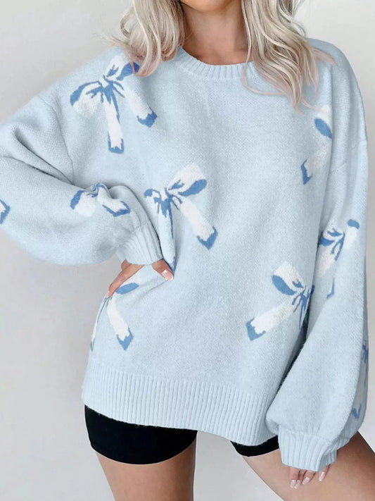 Bow Round Neck Dropped Shoulder Sweater Simply Love