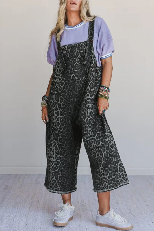 Gray Leopard Print Denim Overalls With Button Adjustable Straps Cropped Fit Dear-Lover Dropshipping