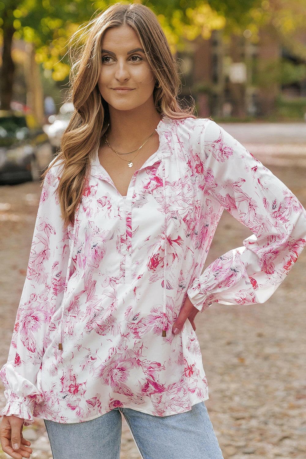 Floral Tie Neck Flounce Sleeve Blouse.