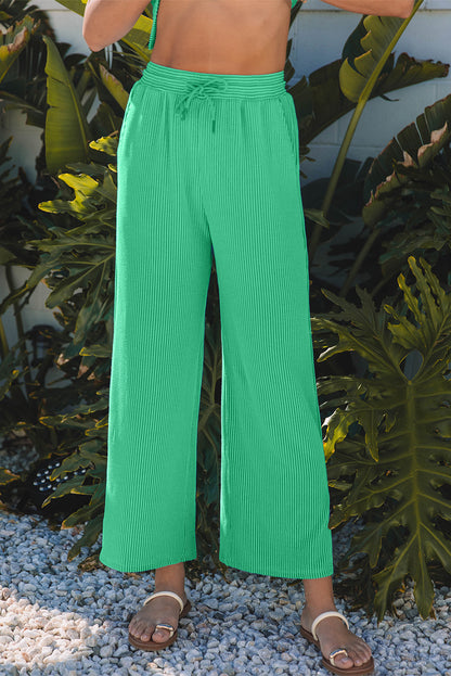 Bright Green Solid Corded Knit Short Sleeve T Shirt Set