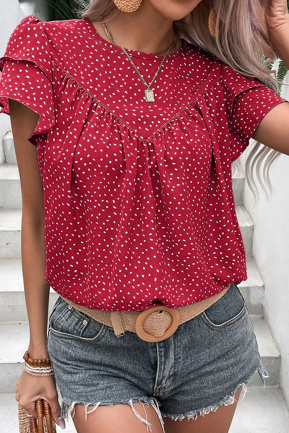 Fiery Red Spotted Print Pleated Ruffle Sleeve Blouse Divine Design4U