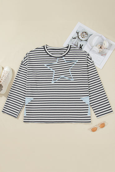 Gray Stripe Star Contrast Stitched Plus Size Long Sleeve Top