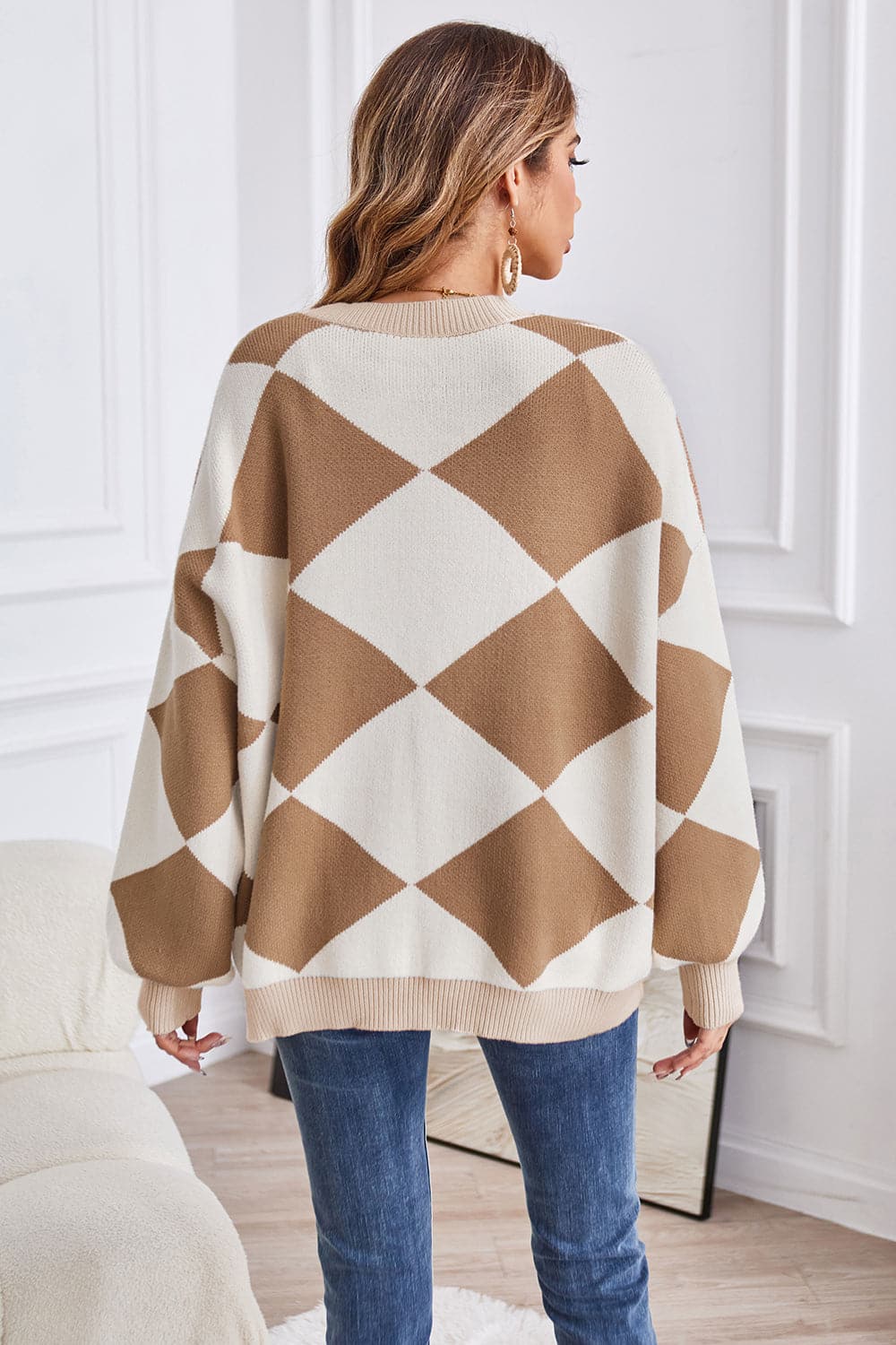 Geometric Lantern Sleeve Cardigan with Pockets.