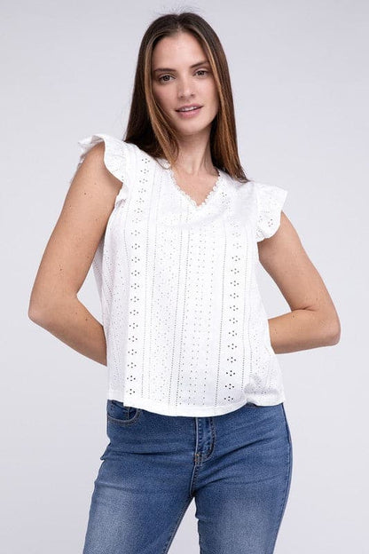 Ruffle Sleeve V Neck Top.