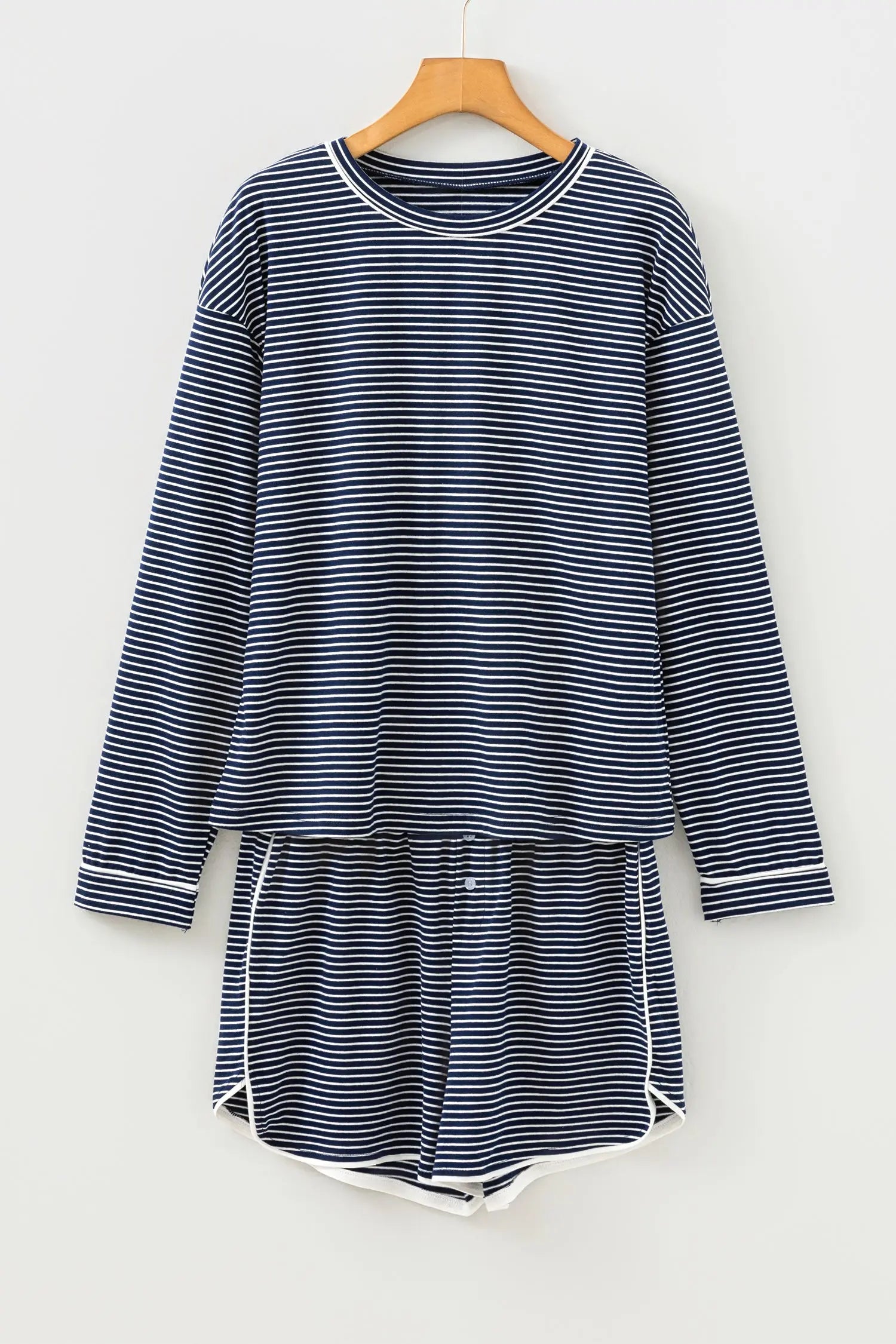 Blue Stripe Drop Shoulder Long Sleeve Tee And Buttoned Shorts Lounge Set 2pcs Dear-Lover Dropshipping