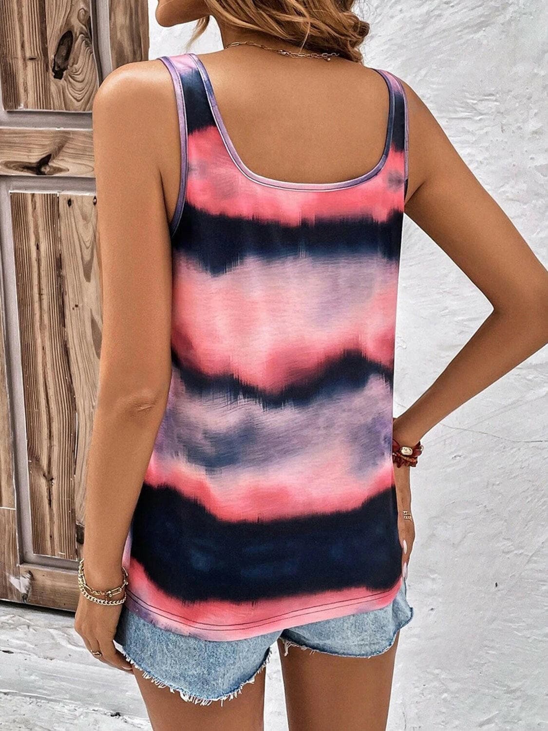 Tie-Dye Scoop Neck Wide Strap Tank.