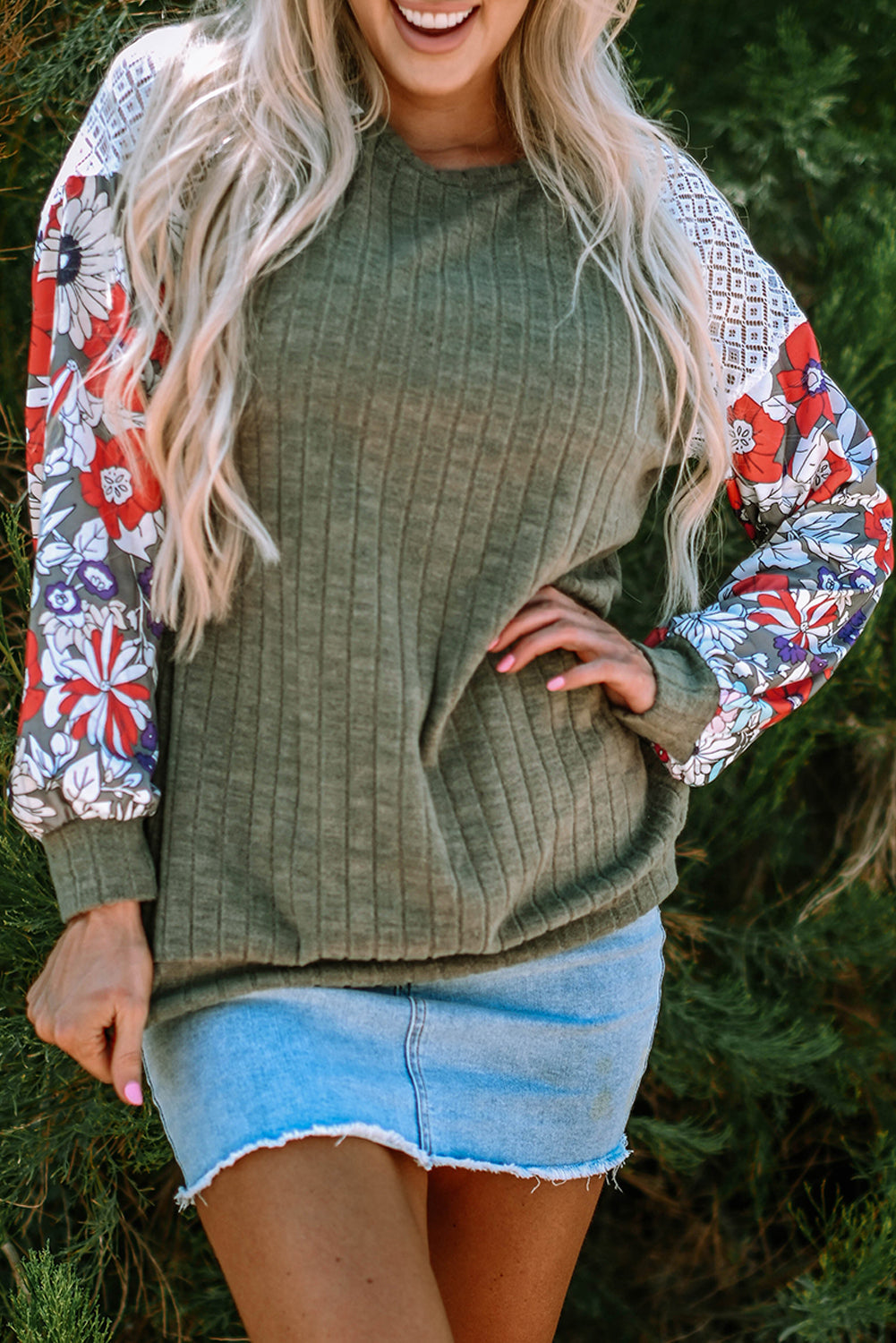 Bailey Patchwork Long Sleeve Ribbed Blouse with Floral Lace Detail - Love Salve 
