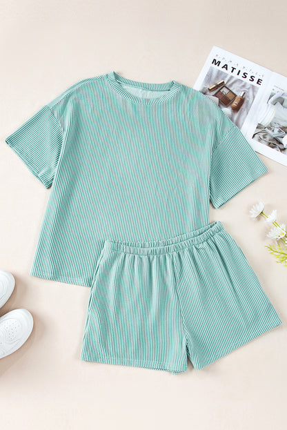 Iceland blue ribbed knit lounge set with loose fit tee and shorts