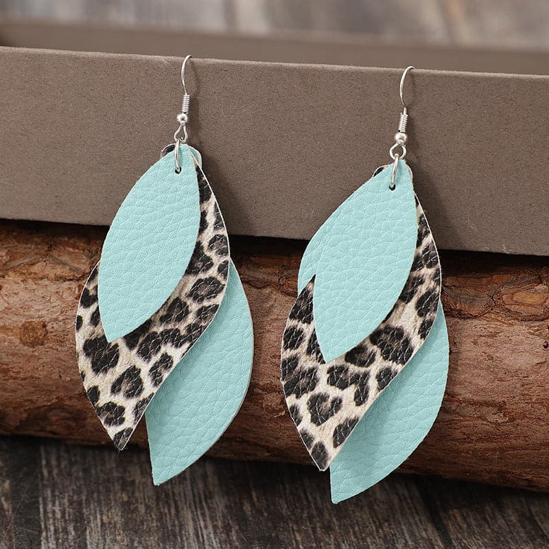 Leopard PU Leather Leaf Earrings.