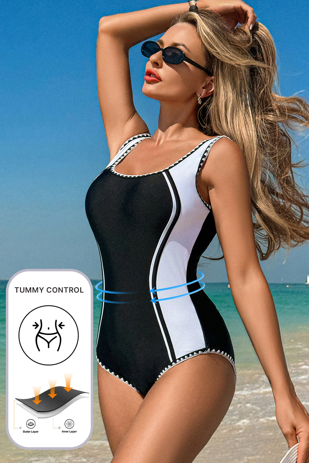 Chic Black Color Block U Neck One Piece Swimsuit with Ric Rac Trim