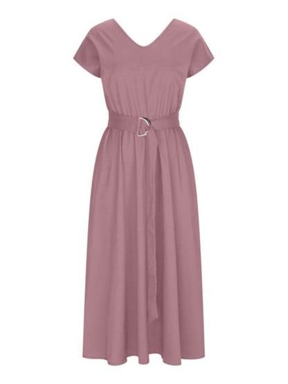 Ruched V-Neck Cap Sleeve Dress.