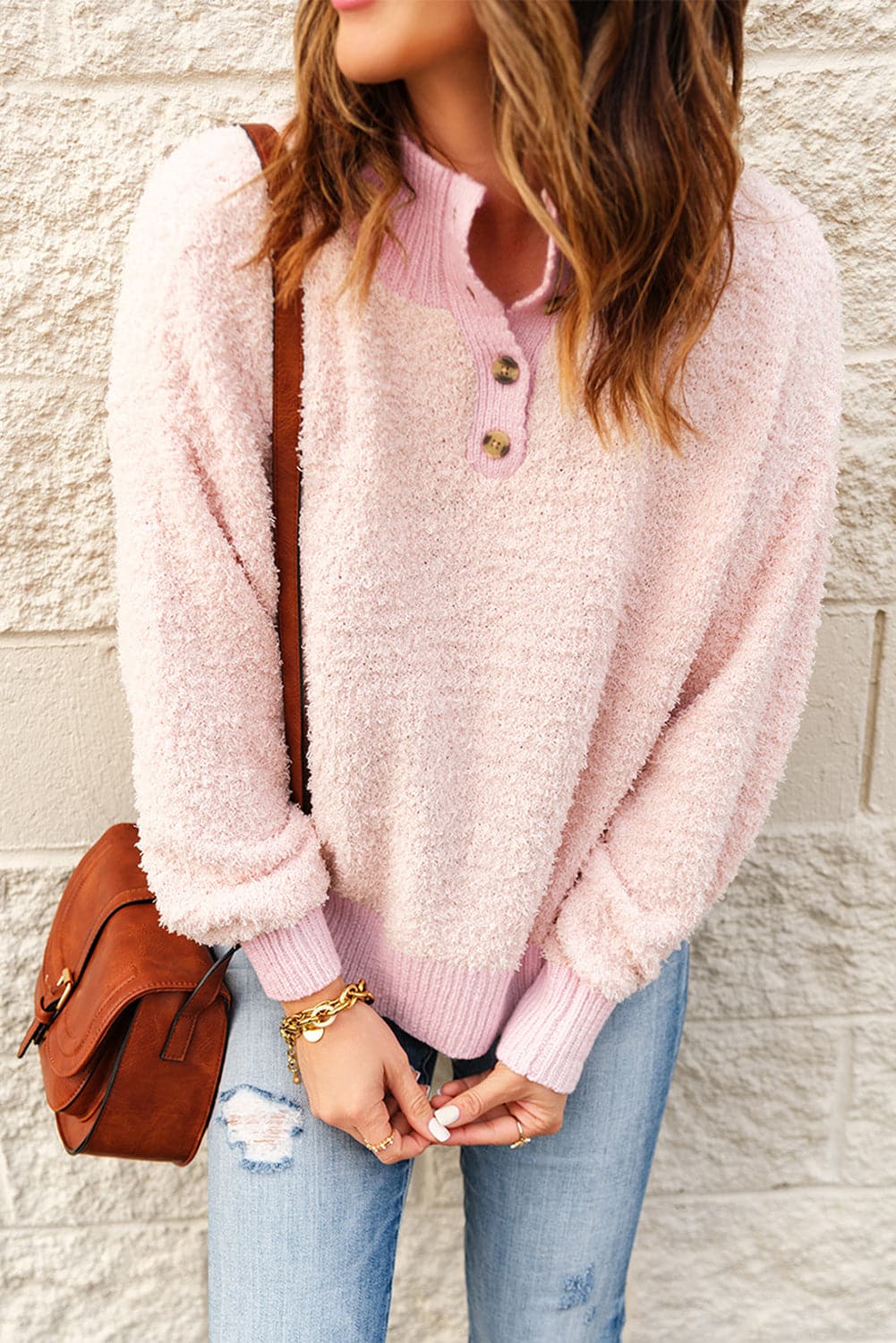 Mock Neck Quarter Button Sweater.