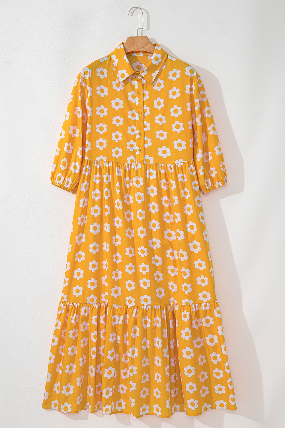 Charming floral collared maxi dress with button detail and bracelet sleeves