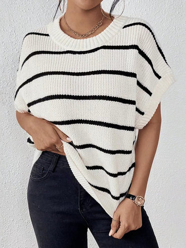 Striped Round Neck Short Sleeve Knit Top.