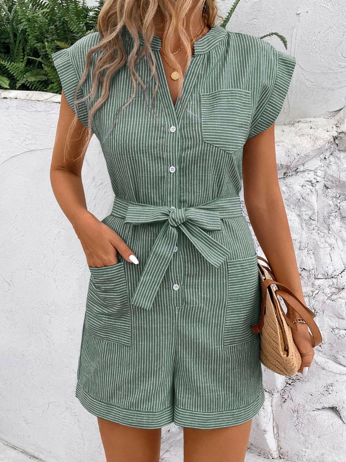 Striped Notched Tie Waist Romper.