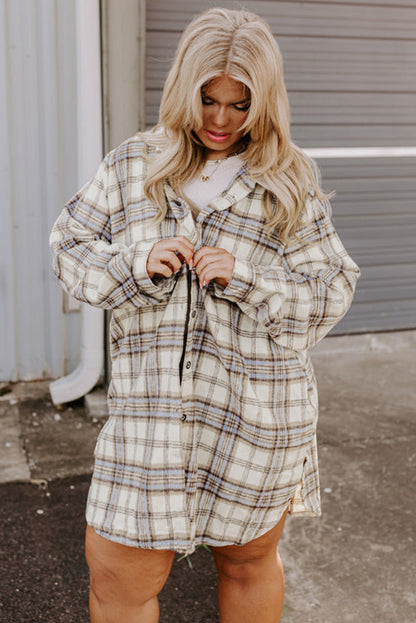 Chic white plaid tunic shacket with stylish side slits in plus sizes