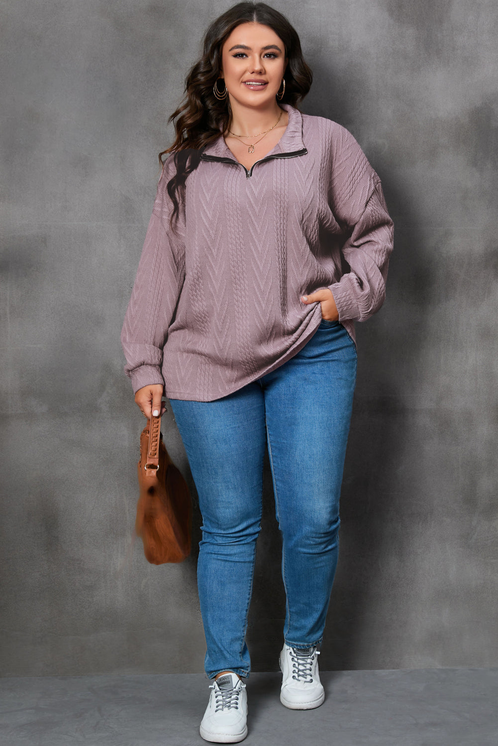 Curvy chic textured knit zip-up pullover