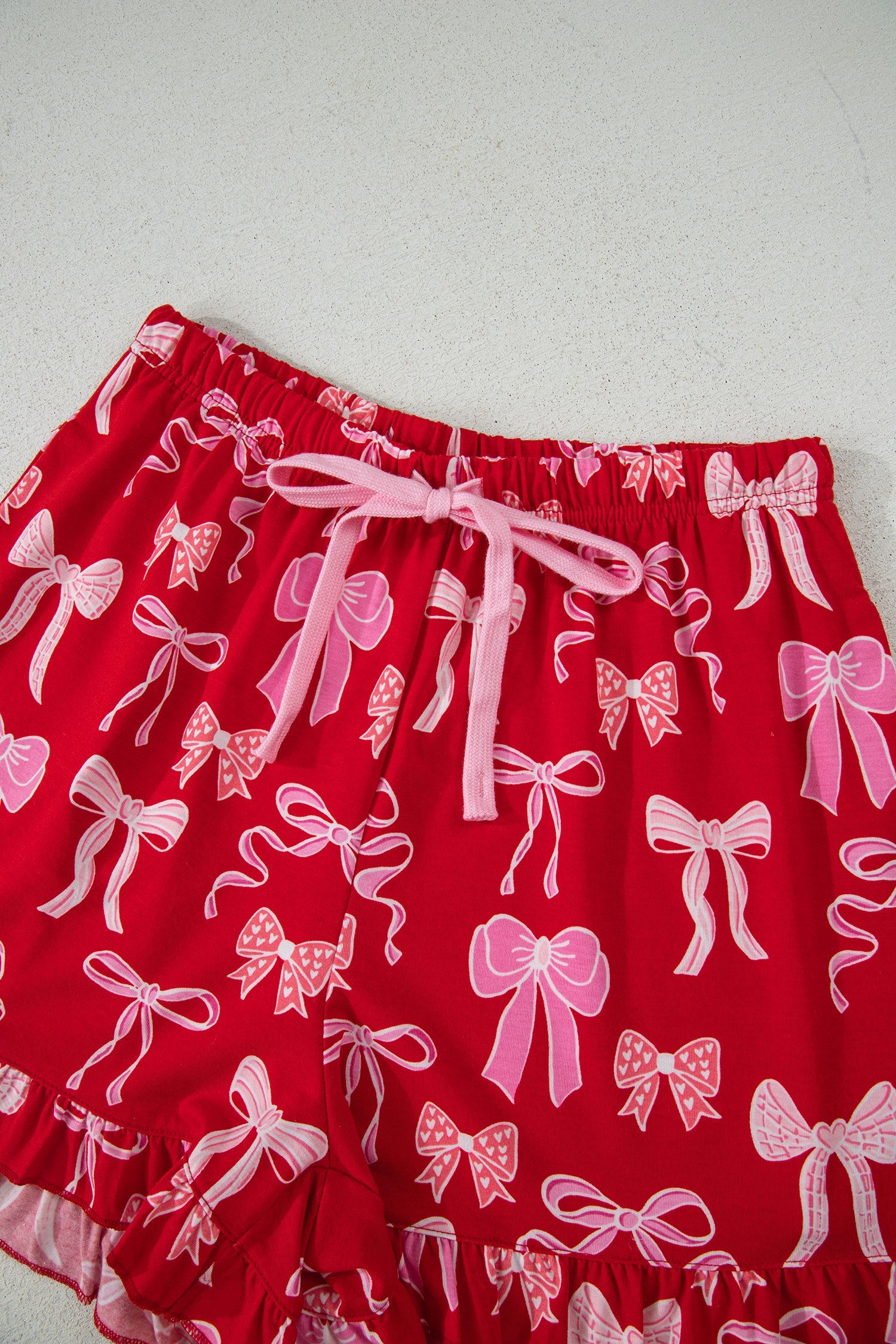 Red Sweet Bow Print Ruffled Short Sleeve Shirt Shorts Two Piece Pajama Set Dear-Lover Dropshipping