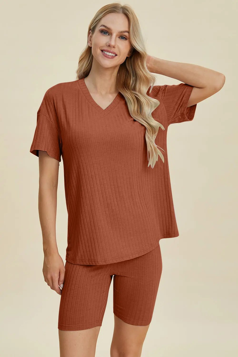 Basic Bae Full Size Ribbed V-Neck Short Sleeve Top and Shorts Set - Love Salve
