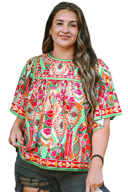 Chic green printed plus size blouse with wide sleeves