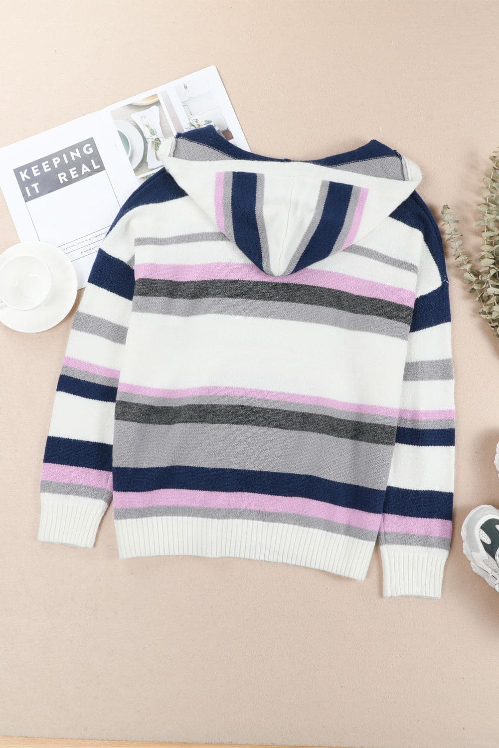 Plus Size Striped Long Sleeve Hooded Sweater.