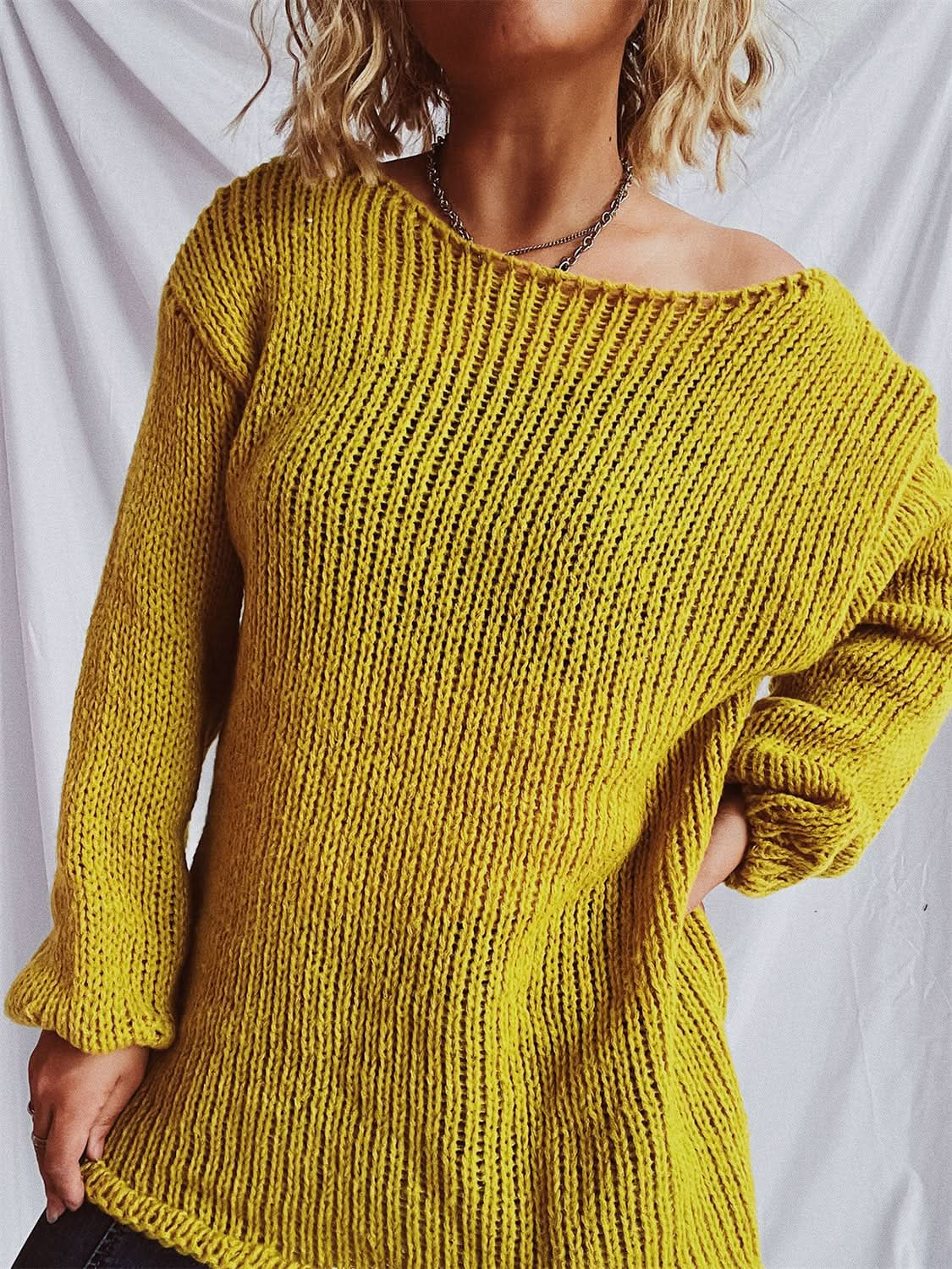 Chic dropped shoulder boat neck sweater