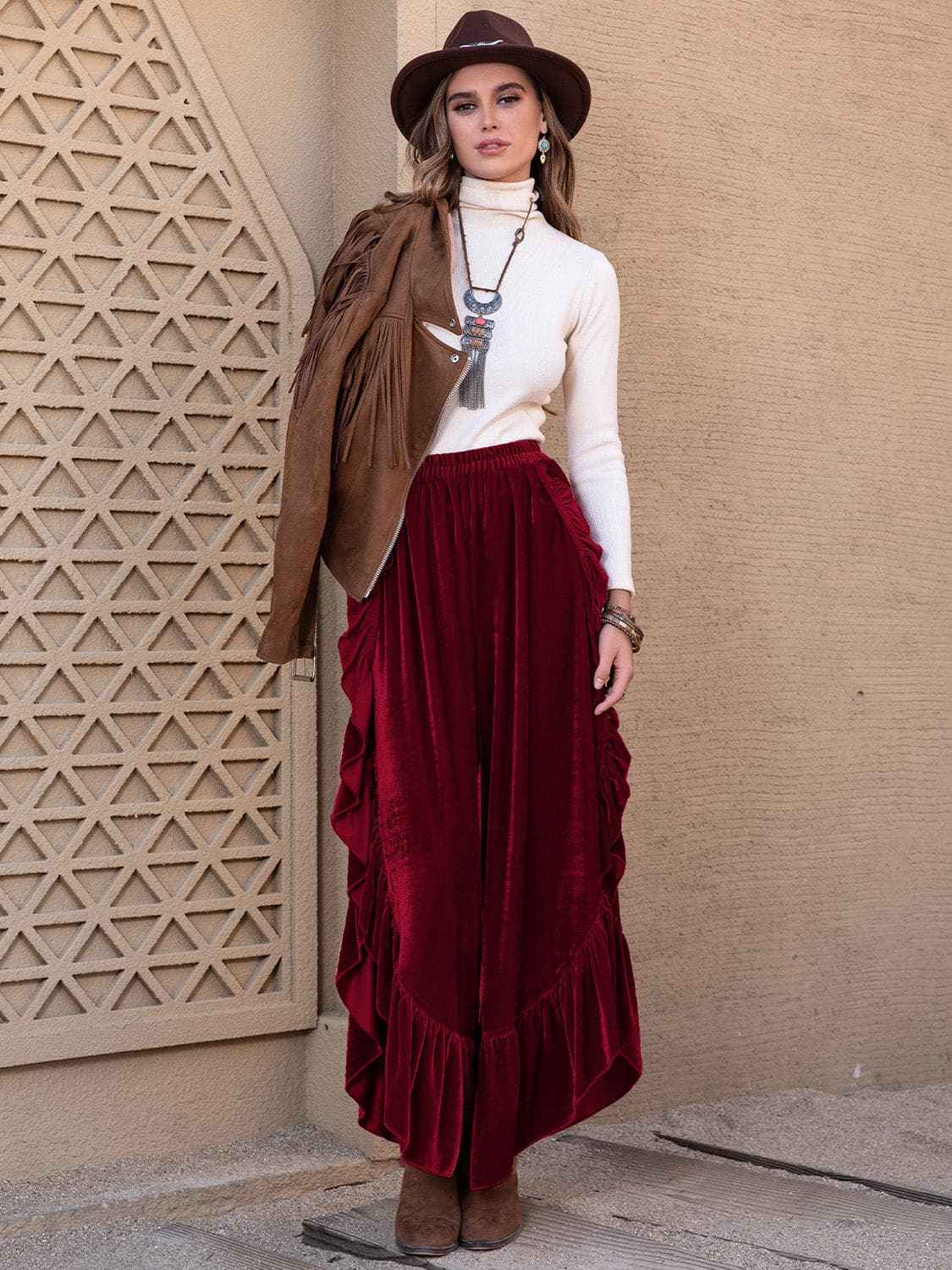 Slit Ruffled Wide Leg Pants.