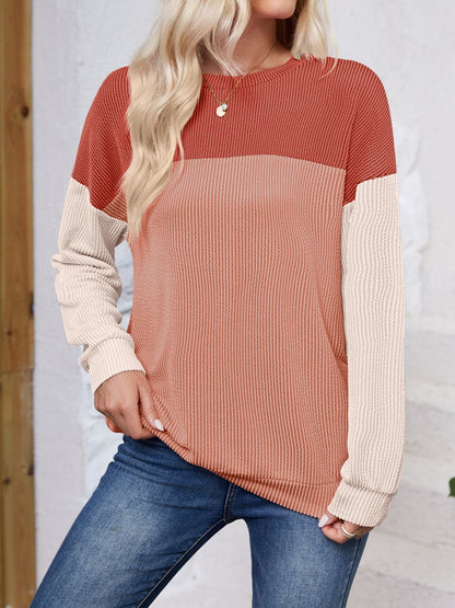 Color Block Round Neck Long Sleeve Sweatshirt.