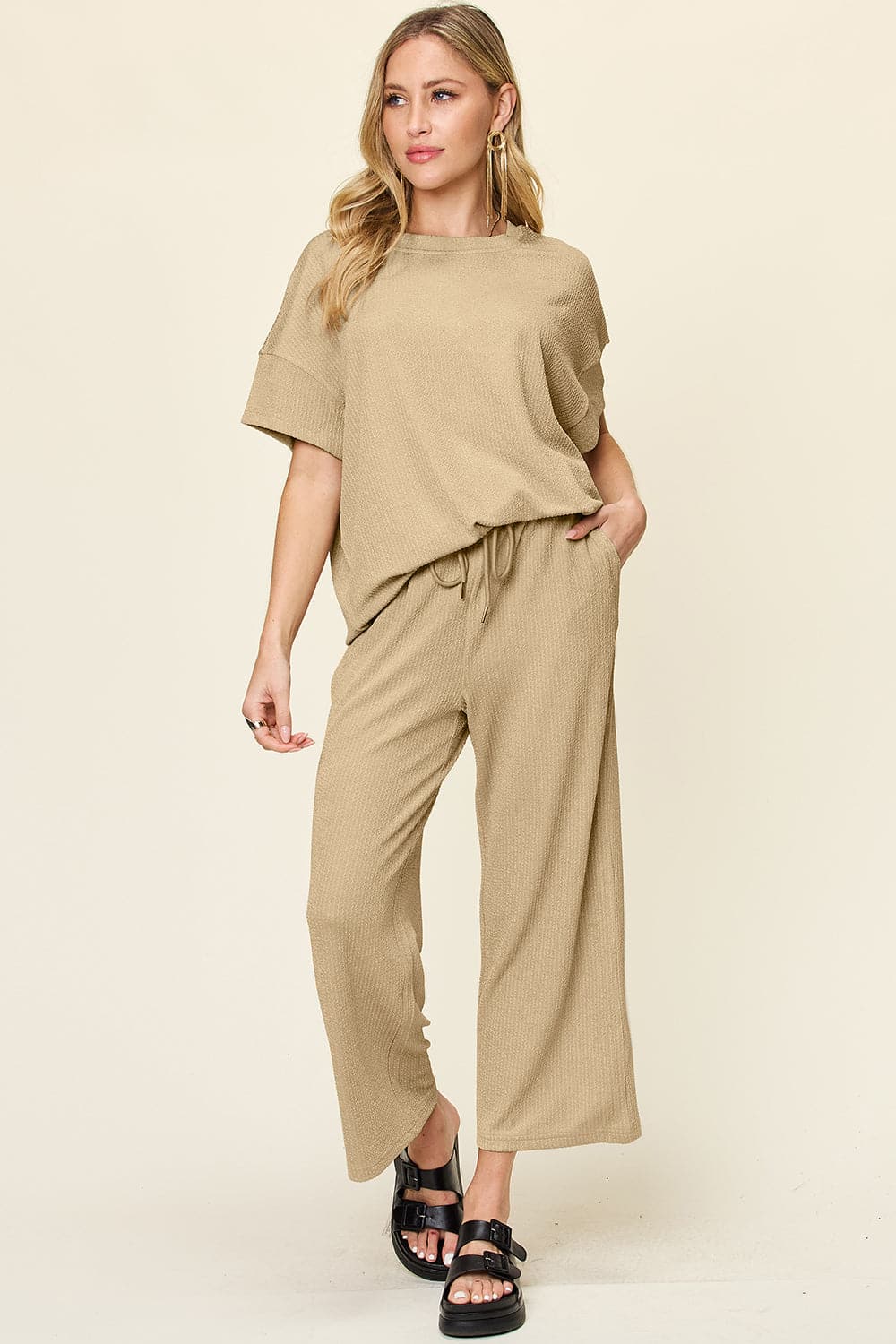 Double Take Full Size Texture Round Neck Short Sleeve T-Shirt and Wide Leg Pants.