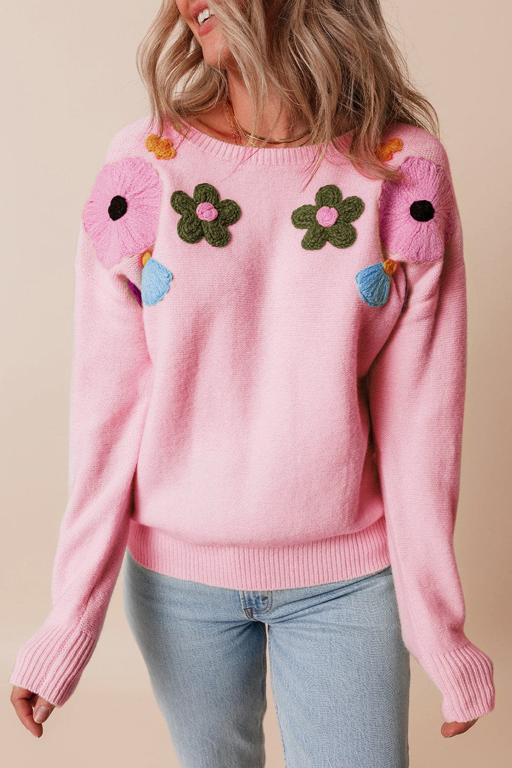 Crochet Flower Round Neck Dropped Shoulder Sweater.