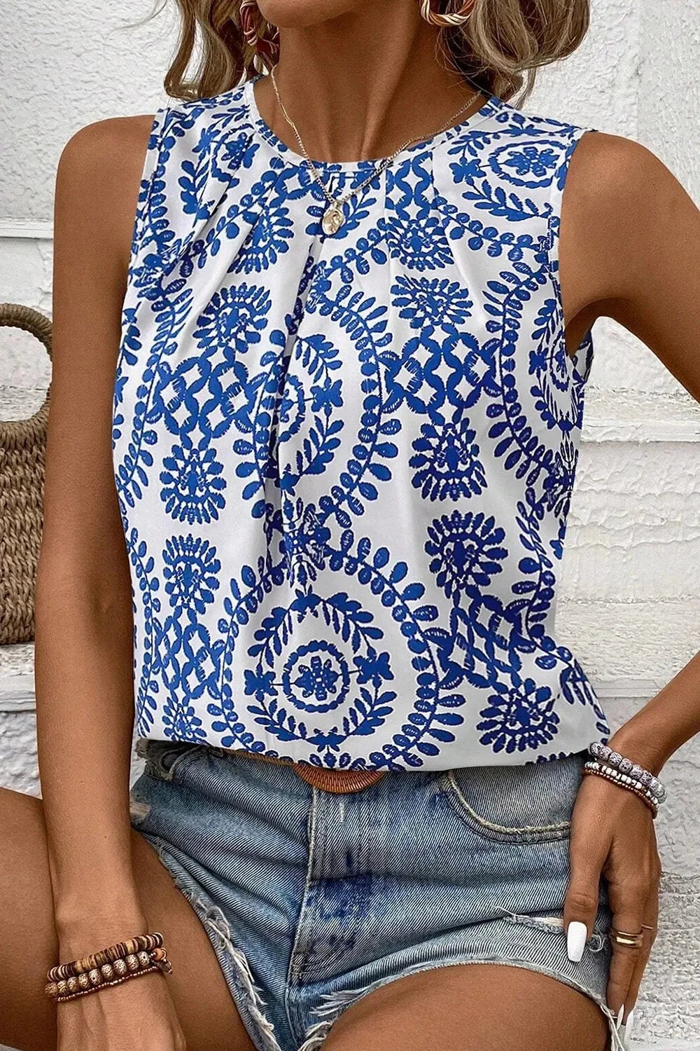 Printed Crew Neck Sleeveless Top Simply Love