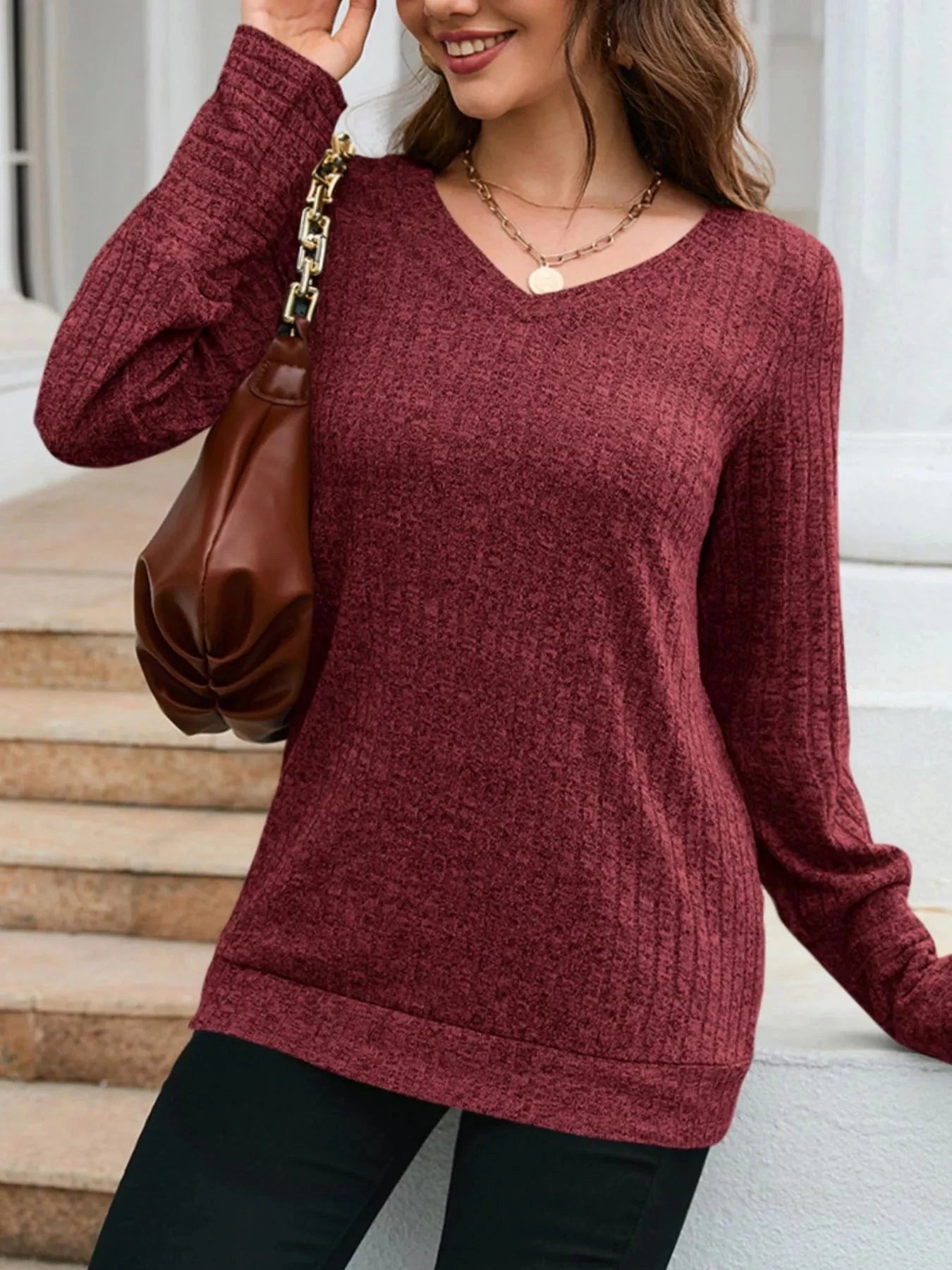 V-Neck Textured Knit Long Sleeve T-Shirt Simply Love