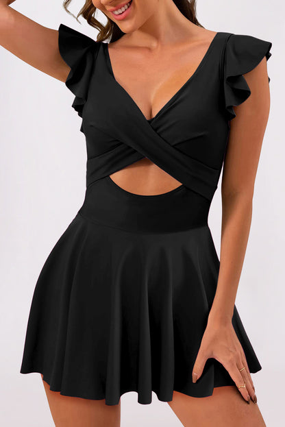 Chic black two-tone cutout swimdress with criss-cross design